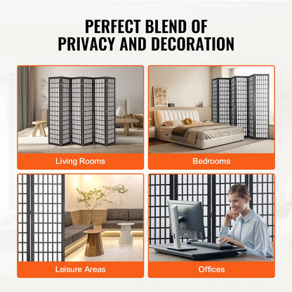 Room Divider, 6 Panel Japanese Room Divider, Folding Privacy Screen Indoor, Portable Partition Dividers and Decoration Screens, for Room Separation, Home, Office, Restaurant & Bedroom (Black)