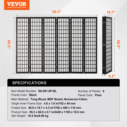 Room Divider, 6 Panel Japanese Room Divider, Folding Privacy Screen Indoor, Portable Partition Dividers and Decoration Screens, for Room Separation, Home, Office, Restaurant & Bedroom (Black)