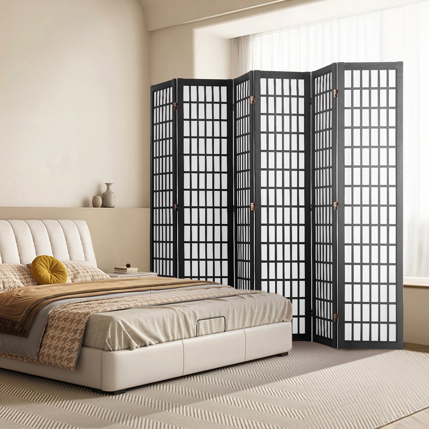 Room Divider, 6 Panel Japanese Room Divider, Folding Privacy Screen Indoor, Portable Partition Dividers and Decoration Screens, for Room Separation, Home, Office, Restaurant & Bedroom (Black)