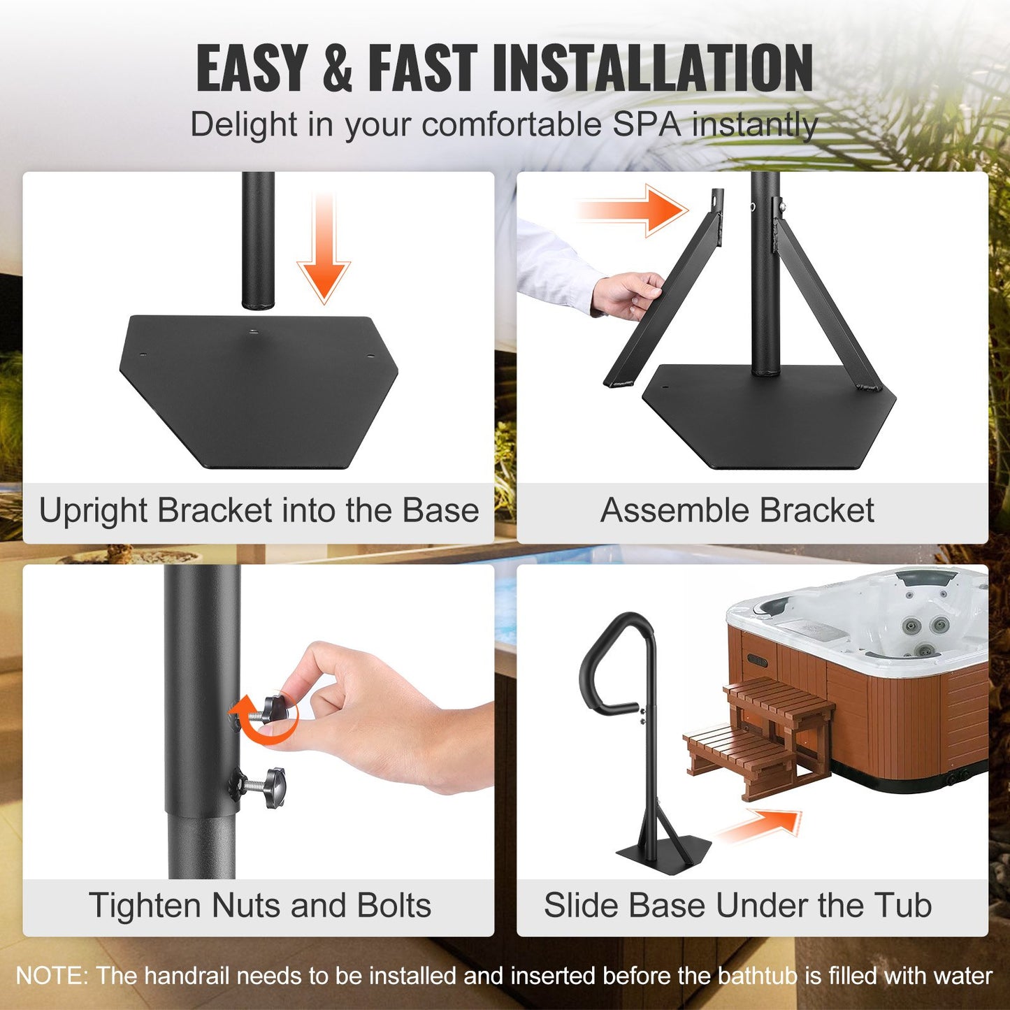 Whirlpool-Handlauf, 360° drehbarer Seitenhandlauf für Spa mit 88,9–145,8 cm einstellbarer Höhe, rostfreie Whirlpool-Stufenstange aus Aluminium mit Gleitbasis für drinnen und draußen, Tragkraft 273 kg