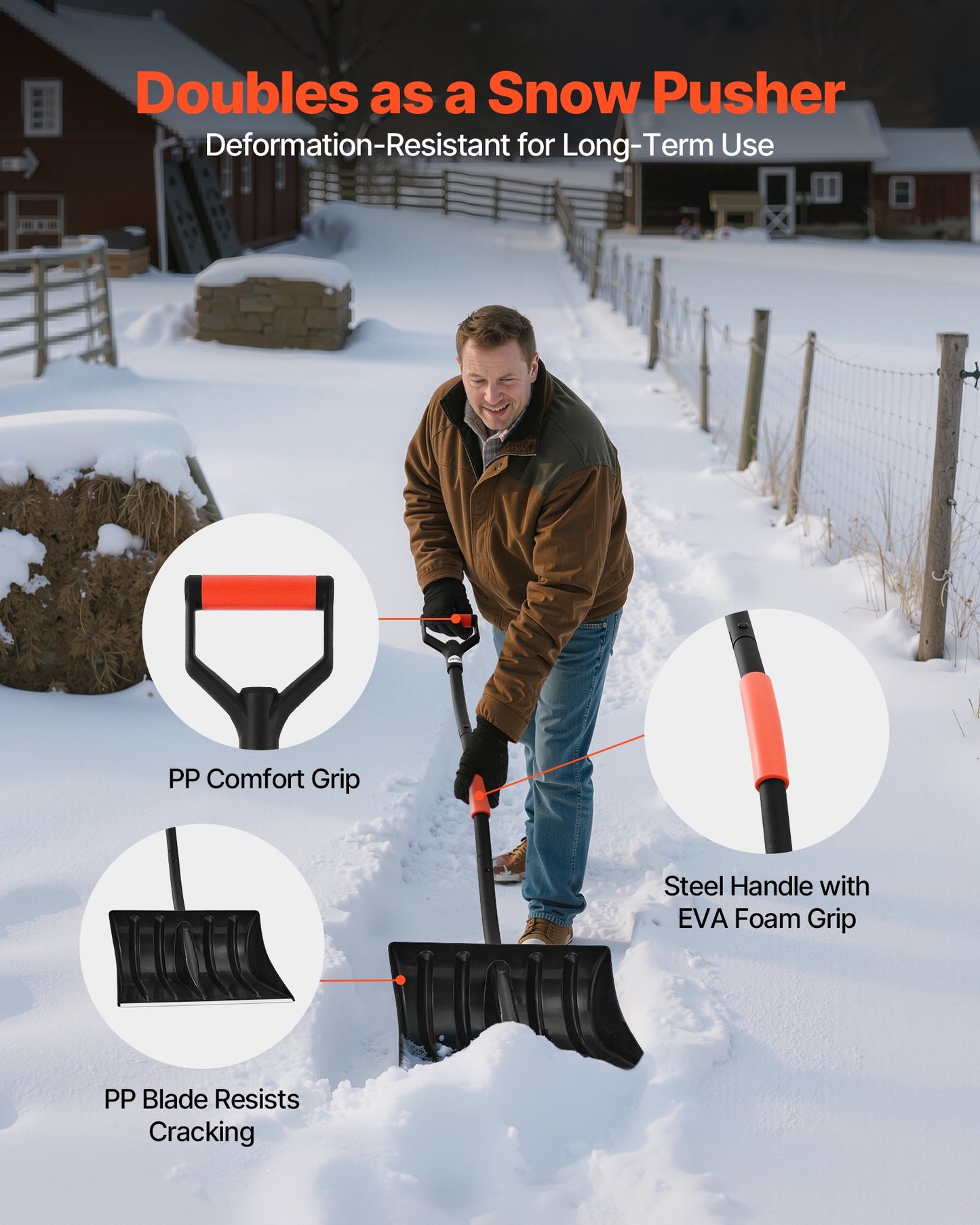 Snow Shovel for Driveway, 17 in Wide Plastic Snow Shovel with D-shaped Handles & Aluminum Blade, Large Capacity Snowplow Shovels, Lightweight Snows Removal Tool for Garden Car Camping