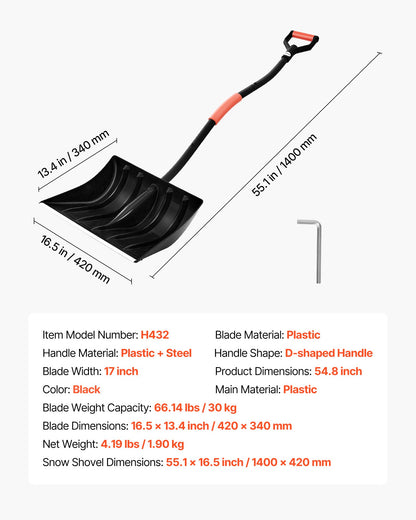 Snow Shovel for Driveway, 17 in Wide Plastic Snow Shovel with D-shaped Handles & Aluminum Blade, Large Capacity Snowplow Shovels, Lightweight Snows Removal Tool for Garden Car Camping