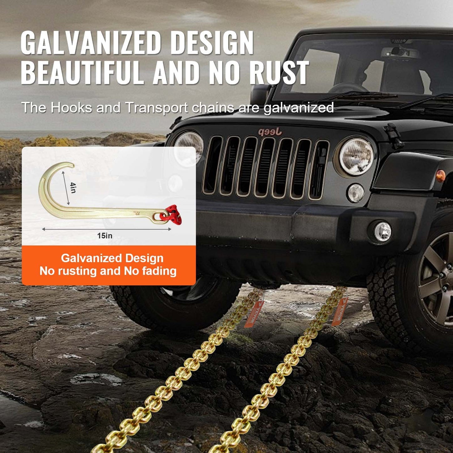 2PCS 5/16"x6' G80 Zipper 15" J Hook Long Shank RTJ &amp; Grab Hooks Wrecker