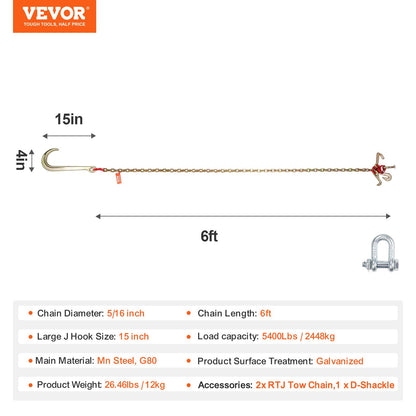 2PCS 5/16"x6' G80 Zipper 15" J Hook Long Shank RTJ &amp; Grab Hooks Wrecker