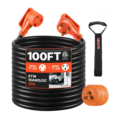 100 FT RV Extension Cord, 30 Amp, 125V 2500W Heavy Duty STW 10/3 Gauge Wire, NEMA TT-30P Male NEMA TT-30R Female Plug, with LED Power Indicator, Handle, 15A Adapter, for RV Trailer, ETL Listed