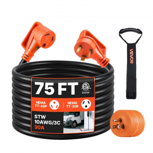 75 FT RV Extension Cord, 30 Amp, 125V 2500W Heavy Duty STW 10/3 Gauge Wire, NEMA TT-30P Male NEMA TT-30R Female Plug, with LED Power Indicator, Handle, 15A Adapter, for RV Trailer, ETL Listed