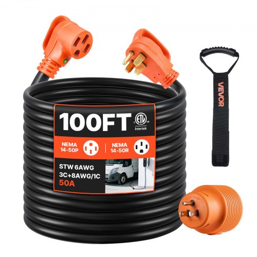 100 FT RV Extension Cord, 50 Amp, 125V 7500W Heavy Duty STW 6/3 + 8/1 Gauge Wire, NEMA 14-50P Male NEMA 14-50R Female Plug, with LED Indicator, Handle, 15A Adapter, for RV Trailer, ETL Listed