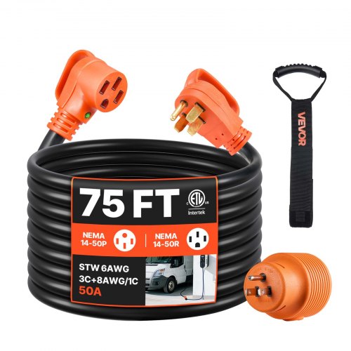 75 FT RV Extension Cord, 50 Amp, 125V/250V 7500W Heavy Duty STW 6/3 + 8/1 Gauge Wire, NEMA 14-50P Male NEMA 14-50R Female Plug, with LED Indicator, Handle, 15A Adapter for RV Trailer, ETL Listed