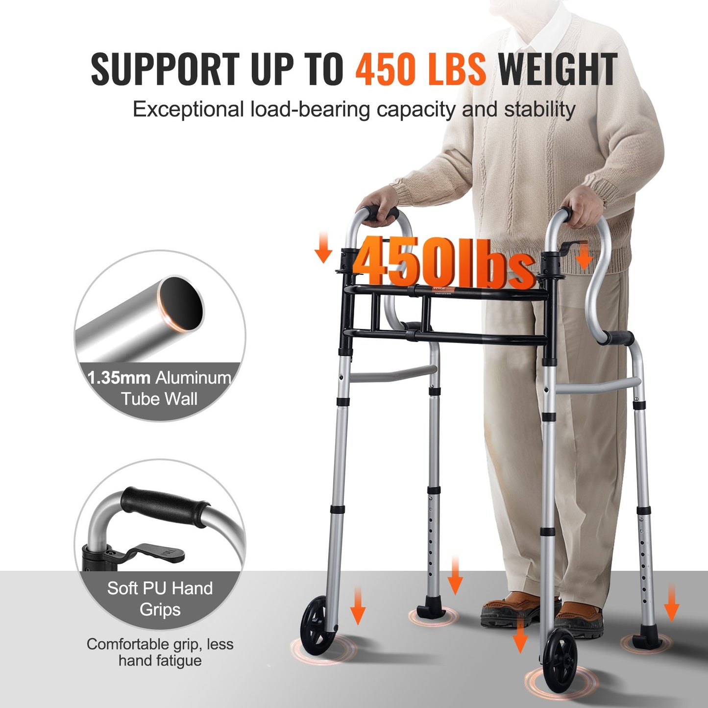 Folding Walker on Wheels, 3-in-1 Stand-Assist Folding Walkers with Adjustable Height and Width, Lightweight Aluminum | Front Wheeled Mobility Aid for Elderly Handicapped Disabled, Up to 350LBS
