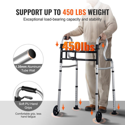 Folding Walker on Wheels, 3-in-1 Stand-Assist Folding Walkers with Adjustable Height and Width, Lightweight Aluminum | Front Wheeled Mobility Aid for Elderly Handicapped Disabled, Up to 350LBS