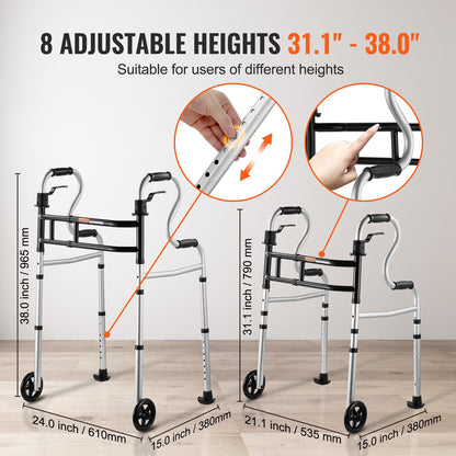 Folding Walker on Wheels, 3-in-1 Stand-Assist Folding Walkers with Adjustable Height and Width, Lightweight Aluminum | Front Wheeled Mobility Aid for Elderly Handicapped Disabled, Up to 350LBS
