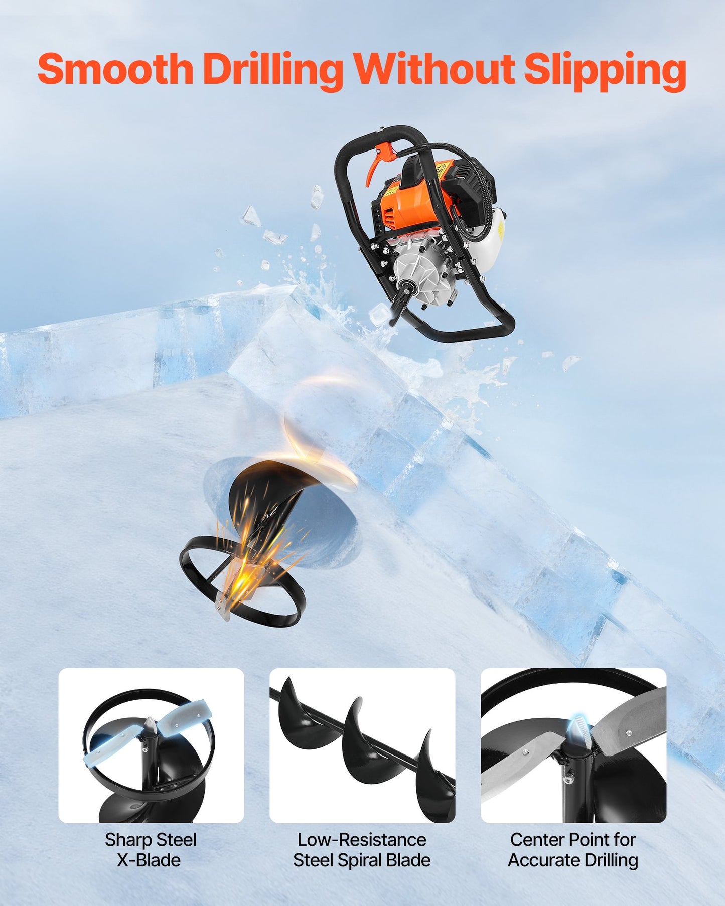 Gas Powered Ice Auger, 52CC 2-Stroke Ice Fishing Augers with 8" Steel Drill Bit, Cold-Resistant & Portable Post Hole Digger, Precise and Fast Drilling Powerhead for Winter Fishing Rescue
