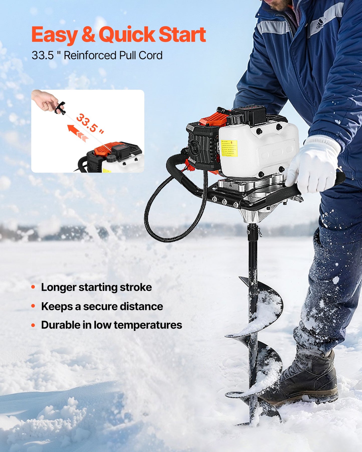Gas Powered Ice Auger, 52CC 2-Stroke Ice Fishing Augers with 8" Steel Drill Bit, Cold-Resistant & Portable Post Hole Digger, Precise and Fast Drilling Powerhead for Winter Fishing Rescue