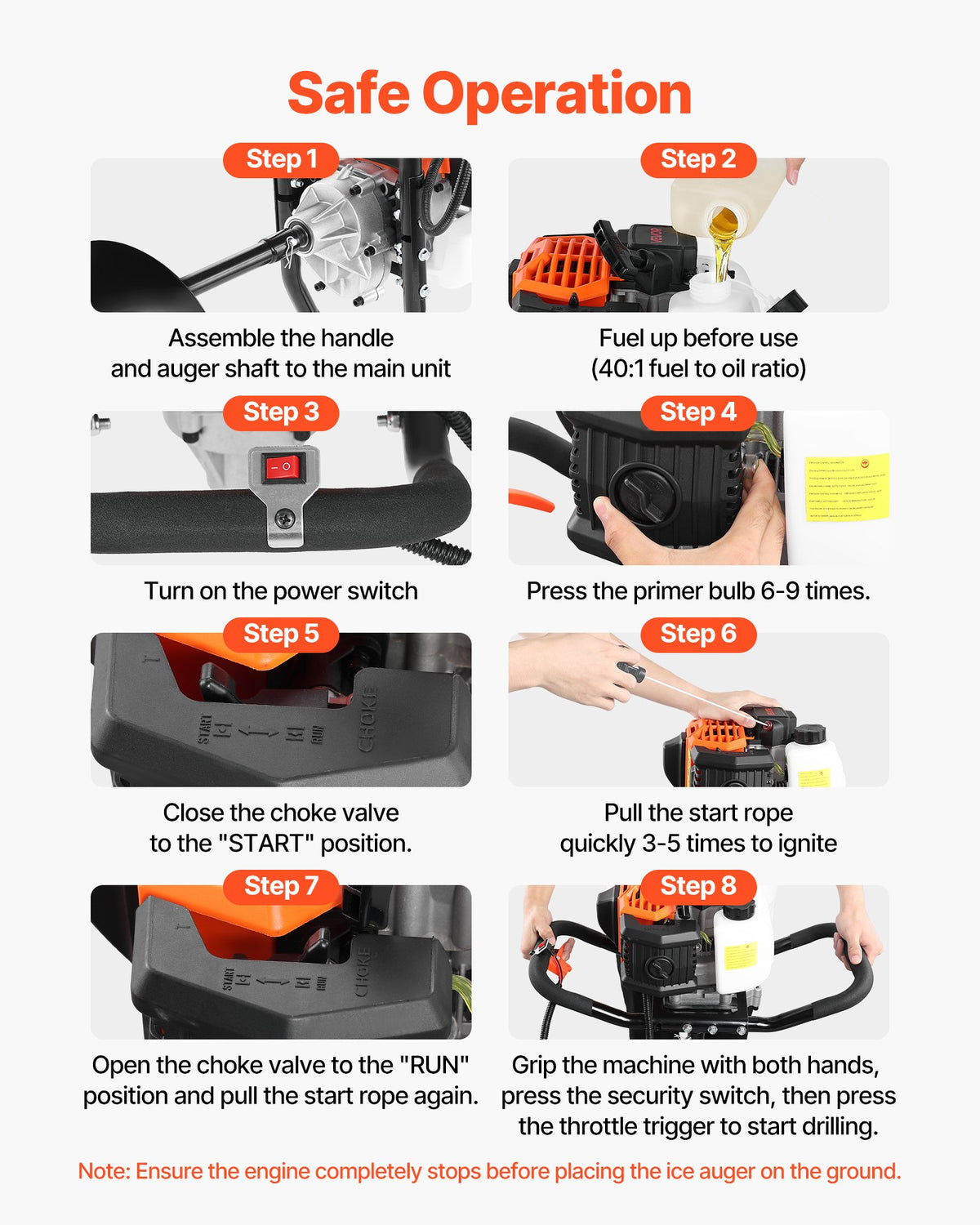Gas Powered Ice Auger, 52CC 2-Stroke Ice Fishing Augers with 8" Steel Drill Bit, Cold-Resistant & Portable Post Hole Digger, Precise and Fast Drilling Powerhead for Winter Fishing Rescue