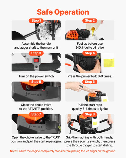 Gas Powered Ice Auger, 52CC 2-Stroke Ice Fishing Augers with 8" Steel Drill Bit, Cold-Resistant & Portable Post Hole Digger, Precise and Fast Drilling Powerhead for Winter Fishing Rescue