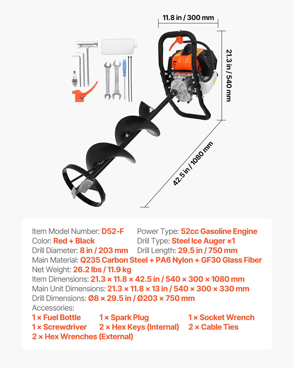 Gas Powered Ice Auger, 52CC 2-Stroke Ice Fishing Augers with 8" Steel Drill Bit, Cold-Resistant & Portable Post Hole Digger, Precise and Fast Drilling Powerhead for Winter Fishing Rescue
