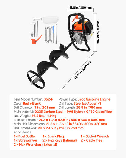 Gas Powered Ice Auger, 52CC 2-Stroke Ice Fishing Augers with 8" Steel Drill Bit, Cold-Resistant & Portable Post Hole Digger, Precise and Fast Drilling Powerhead for Winter Fishing Rescue