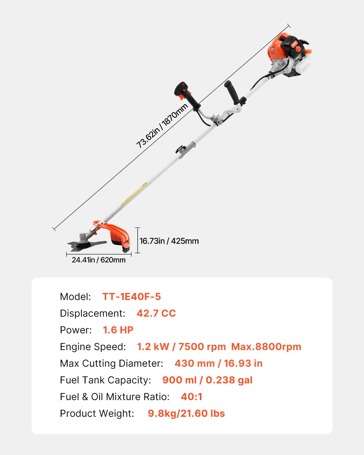 String Trimmer, 42.7CC 2-Stroke, Gas Powered Weed Wacker, 16.9" Cordless Grass Trimmer, Multi-Functional Lawn Edger with Shoulder Strap & 3T Blade, Weed Eater for Quick Grass Cleaning