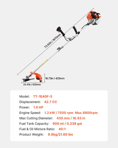 String Trimmer, 42.7CC 2-Stroke, Gas Powered Weed Wacker, 16.9" Cordless Grass Trimmer, Multi-Functional Lawn Edger with Shoulder Strap & 3T Blade, Weed Eater for Quick Grass Cleaning