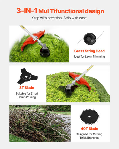 String Trimmer, 51.7CC 2-Stroke, Gas Powered Weed Wacker, 16.9" Cordless Grass Trimmer, Multi-Functional Lawn Edger with Shoulder Strap & 3T Blade, Weed Eater for Quick Grass Cleaning