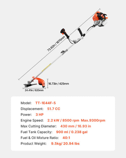 String Trimmer, 51.7CC 2-Stroke, Gas Powered Weed Wacker, 16.9" Cordless Grass Trimmer, Multi-Functional Lawn Edger with Shoulder Strap & 3T Blade, Weed Eater for Quick Grass Cleaning