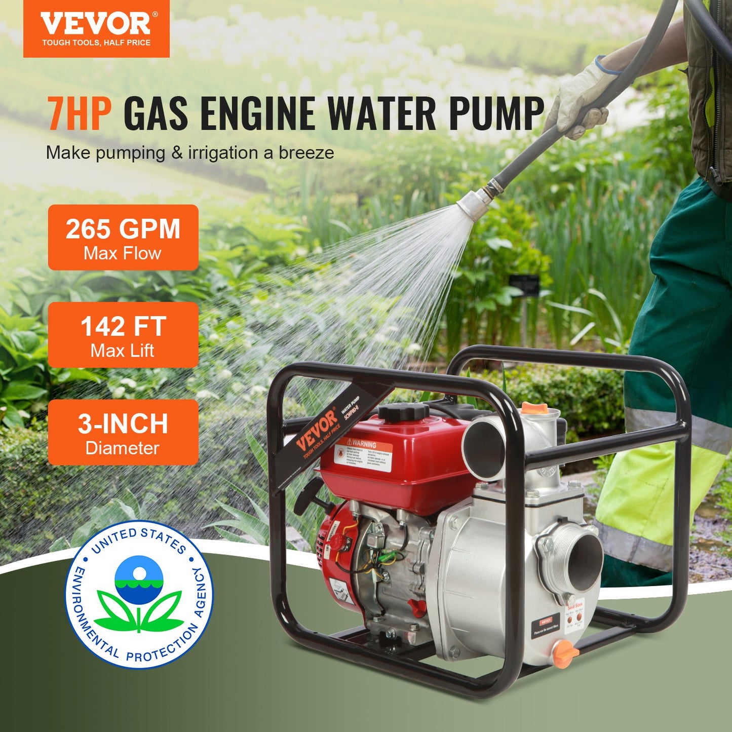 Bensinmotor vattenpump, 3-tum, 7HP 265 GPM, 142ft lyft, 22ft sug, 4-takts gasdriven sopvattenöverföringspump Bärbar högtrycksslang med 25ft slang för bevattningspool, EPA-certifierad