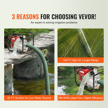 Bensinmotor vattenpump, 3-tum, 7HP 265 GPM, 142ft lyft, 22ft sug, 4-takts gasdriven sopvattenöverföringspump Bärbar högtrycksslang med 25ft slang för bevattningspool, EPA-certifierad