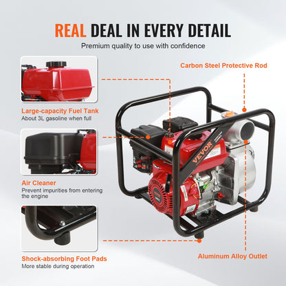 Bensinmotor vattenpump, 3-tum, 7HP 265 GPM, 142ft lyft, 22ft sug, 4-takts gasdriven sopvattenöverföringspump Bärbar högtrycksslang med 25ft slang för bevattningspool, EPA-certifierad