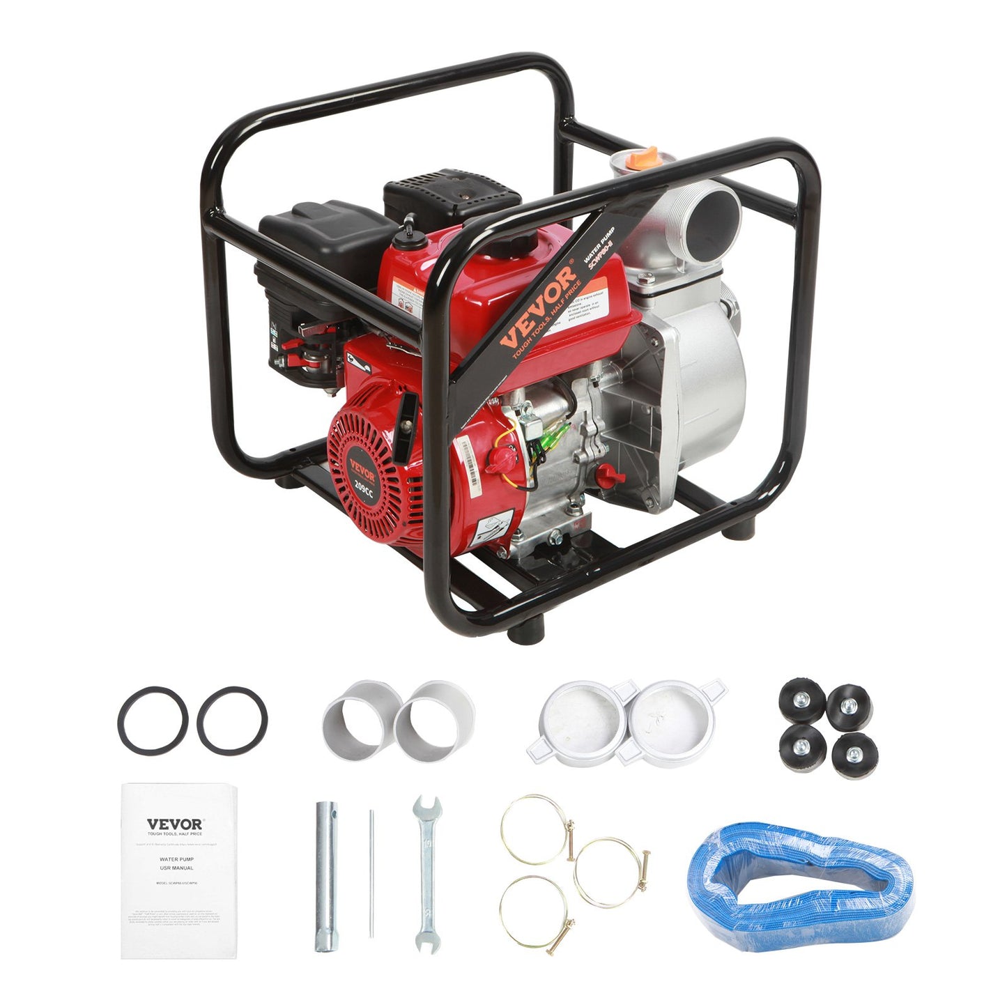 Bensinmotor vattenpump, 3-tum, 7HP 265 GPM, 142ft lyft, 22ft sug, 4-takts gasdriven sopvattenöverföringspump Bärbar högtrycksslang med 25ft slang för bevattningspool, EPA-certifierad