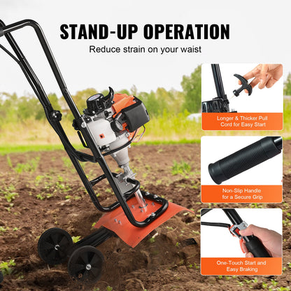 Tiller Cultivator, 31CC 4-Stroke Garden Cultivator, Tiller with 4 Steel Adjustable Front Tines for Lawn, Garden and Field Cultivation