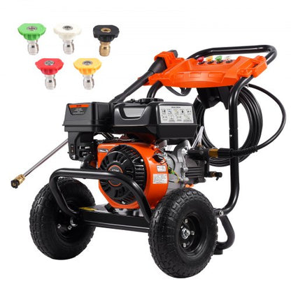 Gas Pressure Washer, 3500 PSI 2.6 GPM, Gas Powered Pressure Washer with Aluminum Pump, Spray Gun and Extension Wand, 5 Nozzle Set, for Cars, Fences, Homes, Driveways, Patios, Furniture, Horizontal