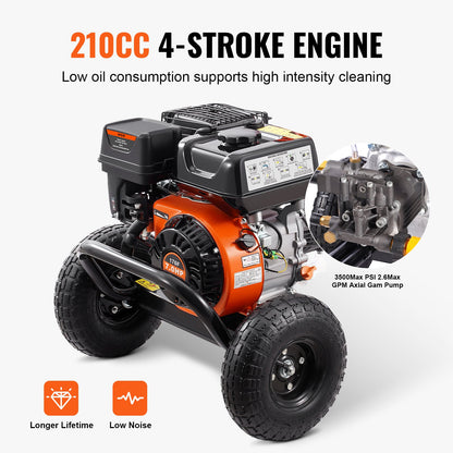 Gas Pressure Washer, 3500 PSI 2.6 GPM, Gas Powered Pressure Washer with Aluminum Pump, Spray Gun and Extension Wand, 5 Nozzle Set, for Cars, Fences, Homes, Driveways, Patios, Furniture, Horizontal