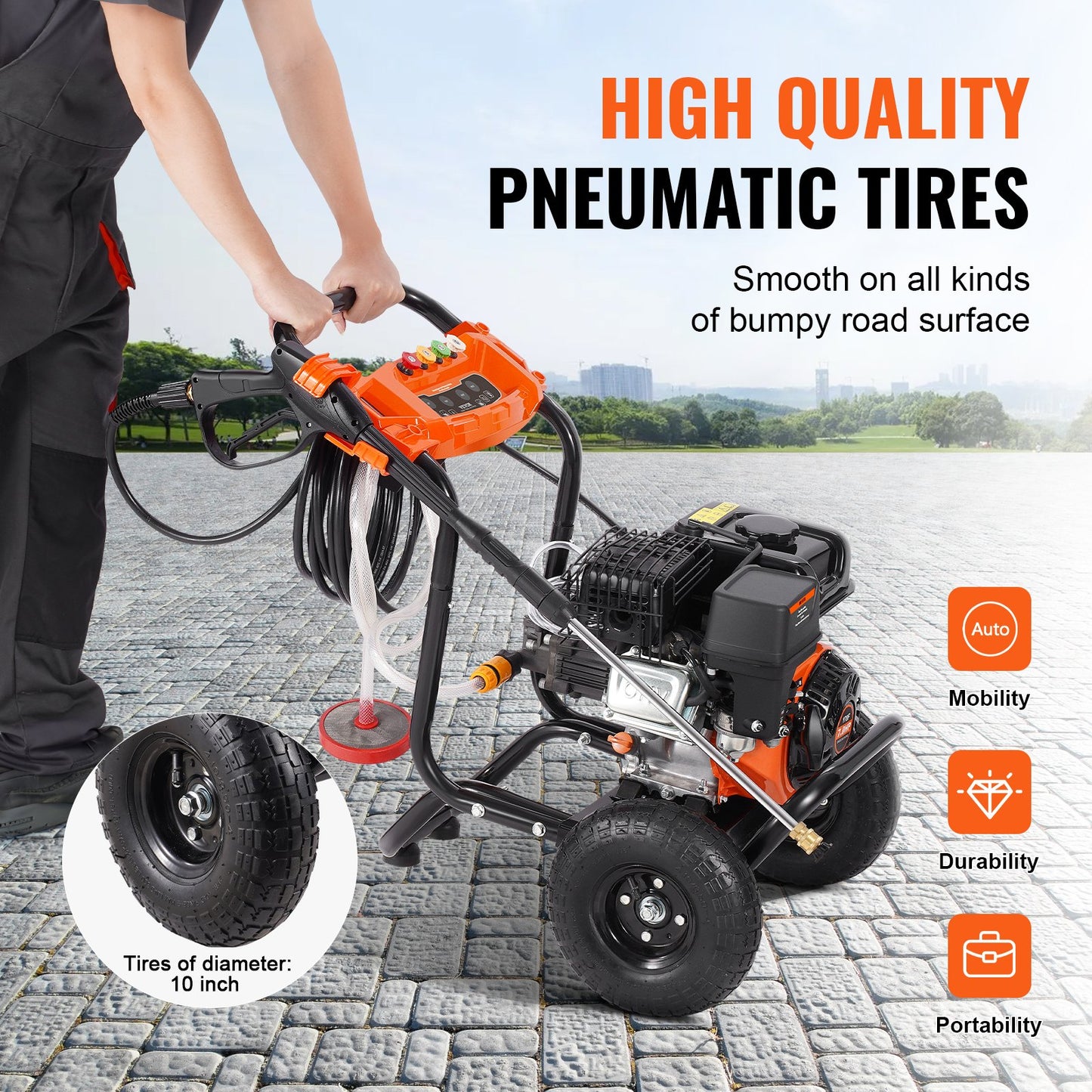 Gas Pressure Washer, 3500 PSI 2.6 GPM, Gas Powered Pressure Washer with Aluminum Pump, Spray Gun and Extension Wand, 5 Nozzle Set, for Cars, Fences, Homes, Driveways, Patios, Furniture, Horizontal