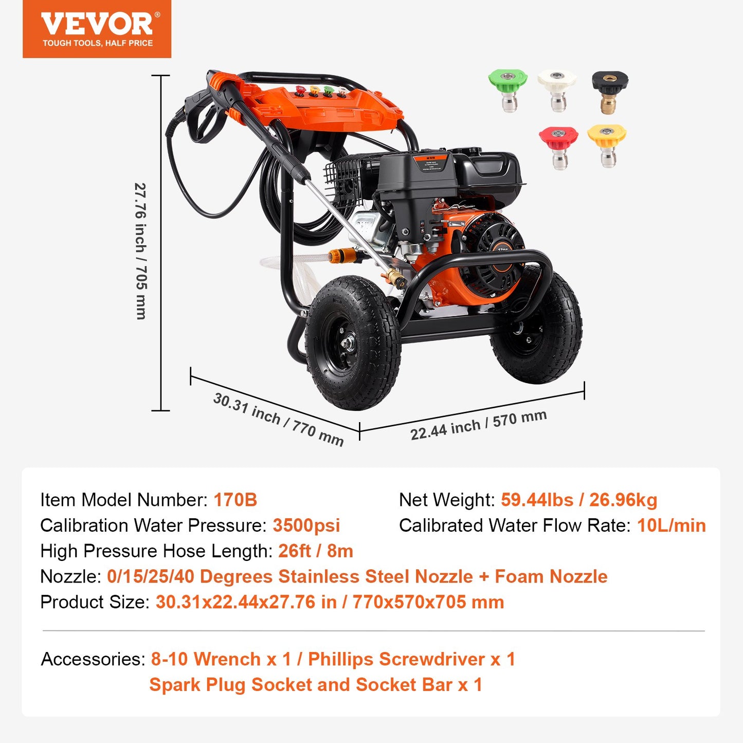Gas Pressure Washer, 3500 PSI 2.6 GPM, Gas Powered Pressure Washer with Aluminum Pump, Spray Gun and Extension Wand, 5 Nozzle Set, for Cars, Fences, Homes, Driveways, Patios, Furniture, Horizontal