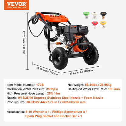 Gas Pressure Washer, 3500 PSI 2.6 GPM, Gas Powered Pressure Washer with Aluminum Pump, Spray Gun and Extension Wand, 5 Nozzle Set, for Cars, Fences, Homes, Driveways, Patios, Furniture, Horizontal