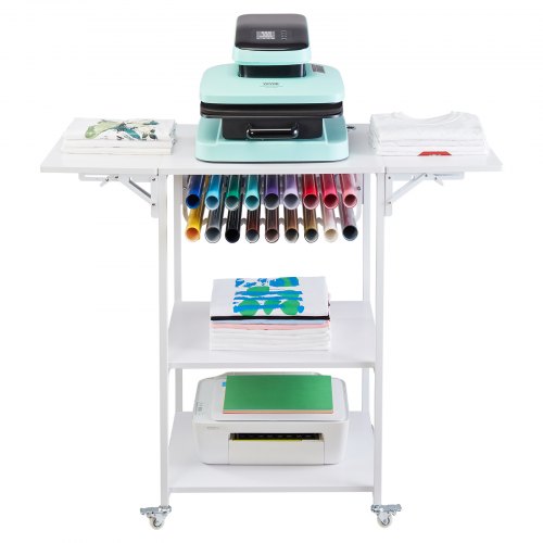 Heat Press Table, 3 Tier Movable Heat Press Stand, Foldable Heat Transfer Machine Stand with Wheels and Vinyl Roll Holder, Rolling Metal Workbench for Sublimation Transfer Machine, White