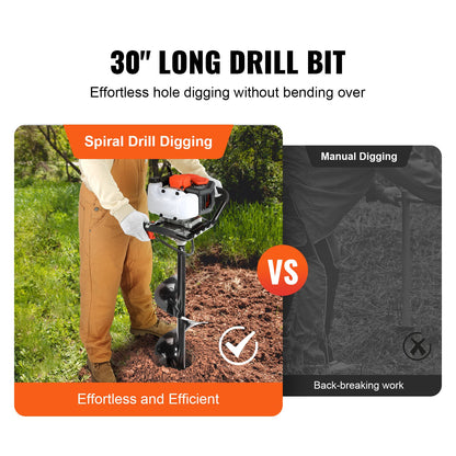 Post Hole Digger, 52cc 1450W Auger Post Hole digger, Gas Powered Earth Digger with Two Earth Auger Drill Bit 6" & 10" and 3 Extension Rods, for Farmland, Garden and Plant, EPA certification