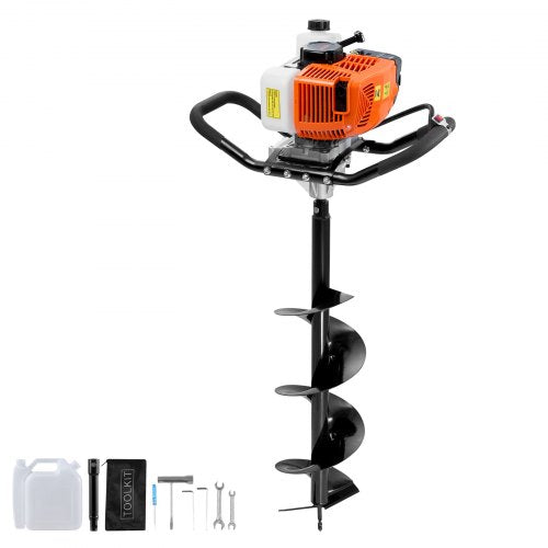 Post Hole Digger Gas Powered, 63CC 2400W Earth Auger, Gas Auger with 8” Auger Drill Action Design Bits & 1 Extension Rod, Post Fence Hole Digger for Farmland Garden Plant, Orange+Black