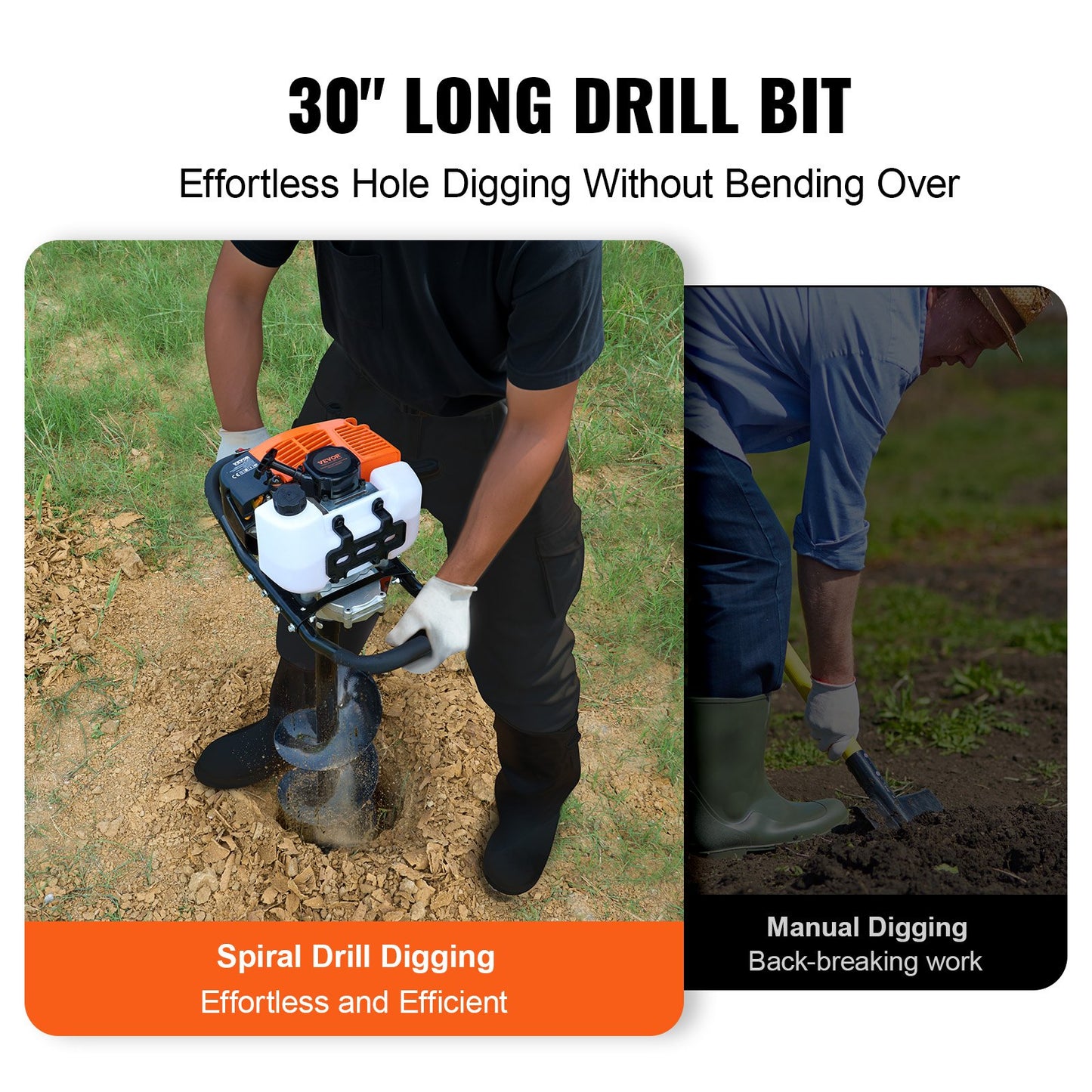 Post Hole Digger Gas Powered, 63CC 2400W Earth Auger, Gas Auger with 8” Auger Drill Action Design Bits & 1 Extension Rod, Post Fence Hole Digger for Farmland Garden Plant, Orange+Black