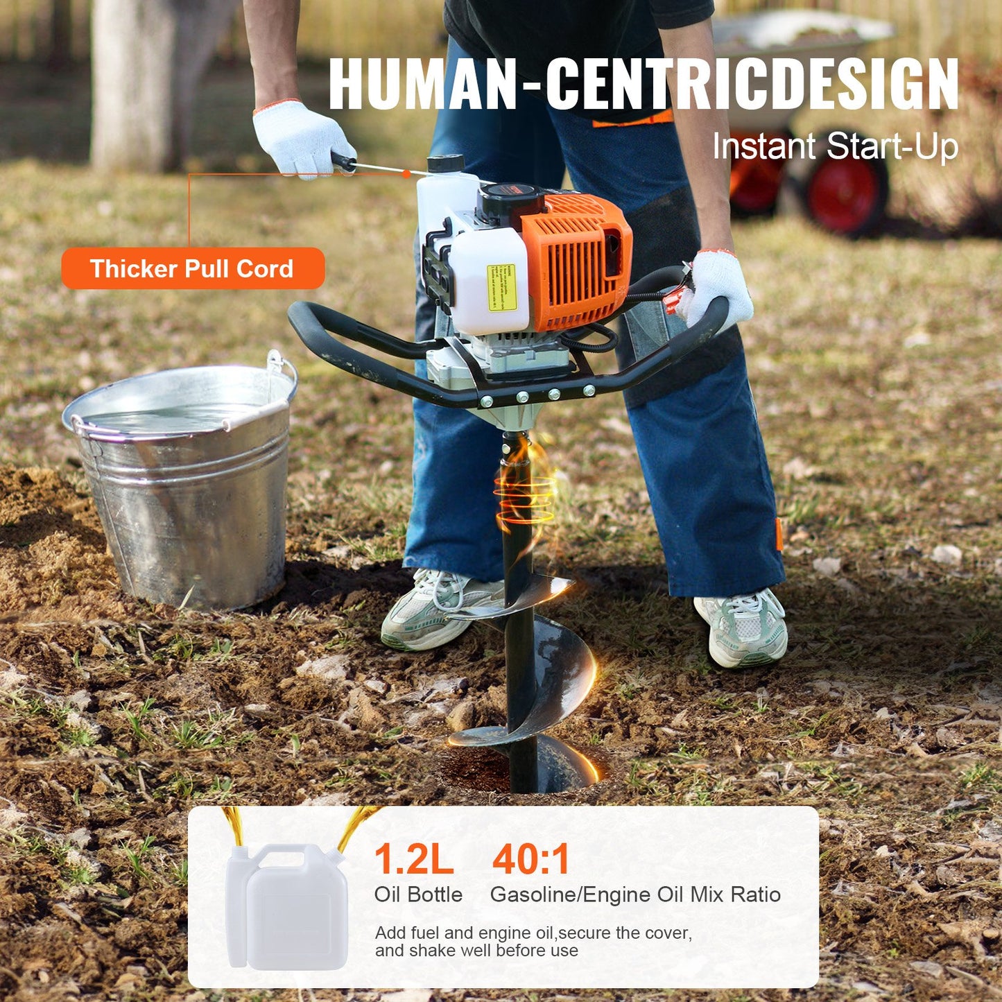 Post Hole Digger Gas Powered, 63CC 2400W Earth Auger, Gas Auger with 8” Auger Drill Action Design Bits & 1 Extension Rod, Post Fence Hole Digger for Farmland Garden Plant, Orange+Black