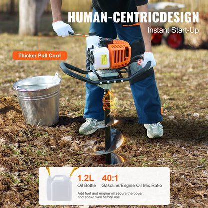 Post Hole Digger Gas Powered, 63CC 2400W Earth Auger, Gas Auger with 8” Auger Drill Action Design Bits & 1 Extension Rod, Post Fence Hole Digger for Farmland Garden Plant, Orange+Black