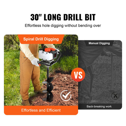 Post Hole Digger, 43cc 1250W Auger Post Hole digger, Gas Powered Earth Digger with 8" Earth Auger Drill Bit, 30 inch Long Alloy Steel Auger, for Farmland, Garden and Plant, EPA certification