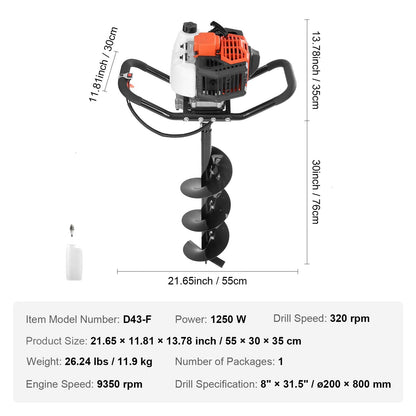 Post Hole Digger, 43cc 1250W Auger Post Hole digger, Gas Powered Earth Digger with 8" Earth Auger Drill Bit, 30 inch Long Alloy Steel Auger, for Farmland, Garden and Plant, EPA certification