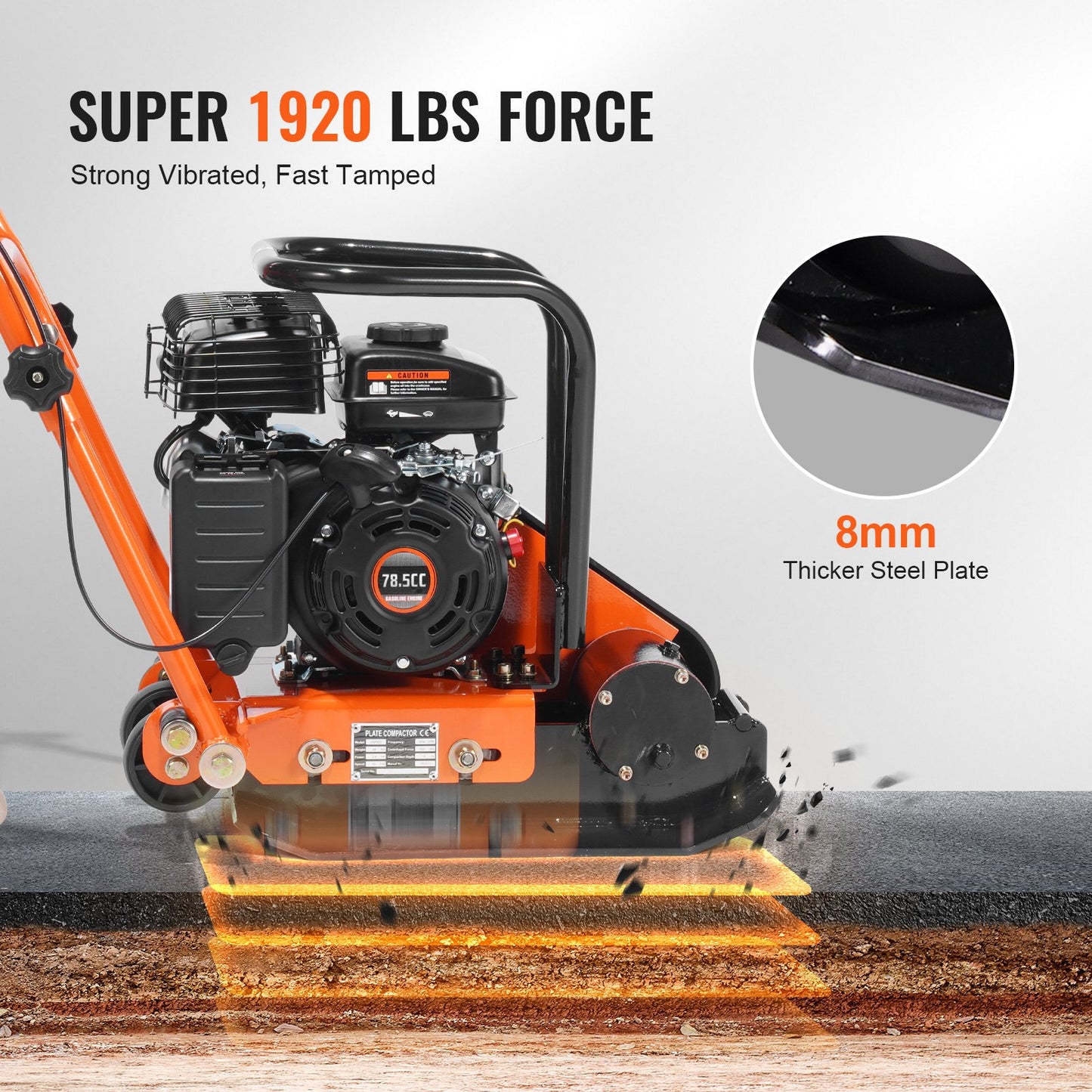 Plate Compactor, 2.8 HP 98CC Gas Engine 5,250 RPM, 1,920 lbs Force Vibratory Compaction Tamper with 18.7 x 11.8 inch Plate for Walkways, Patios, Asphalts, Paver Landscaping, EPA Compliant