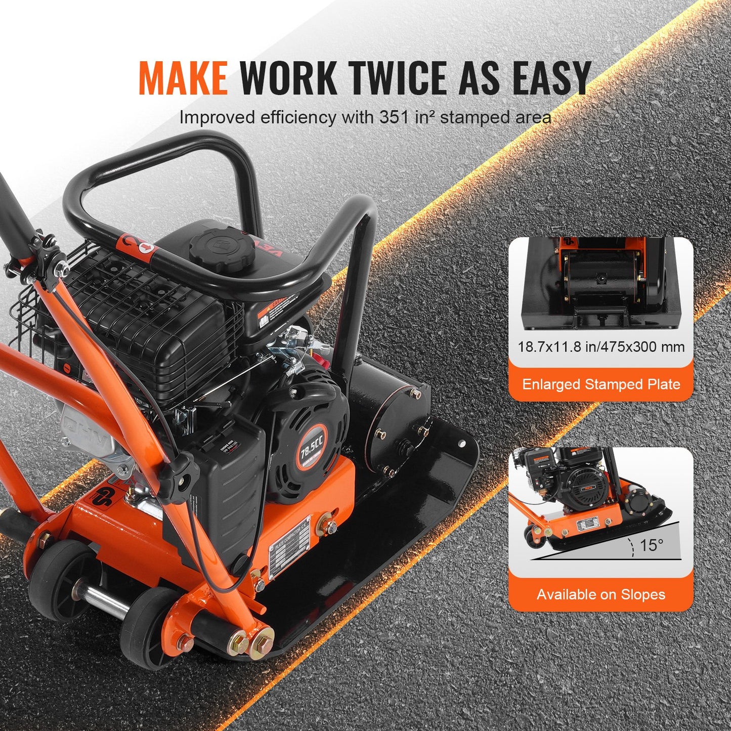 Plate Compactor, 2.8 HP 98CC Gas Engine 5,250 RPM, 1,920 lbs Force Vibratory Compaction Tamper with 18.7 x 11.8 inch Plate for Walkways, Patios, Asphalts, Paver Landscaping, EPA Compliant