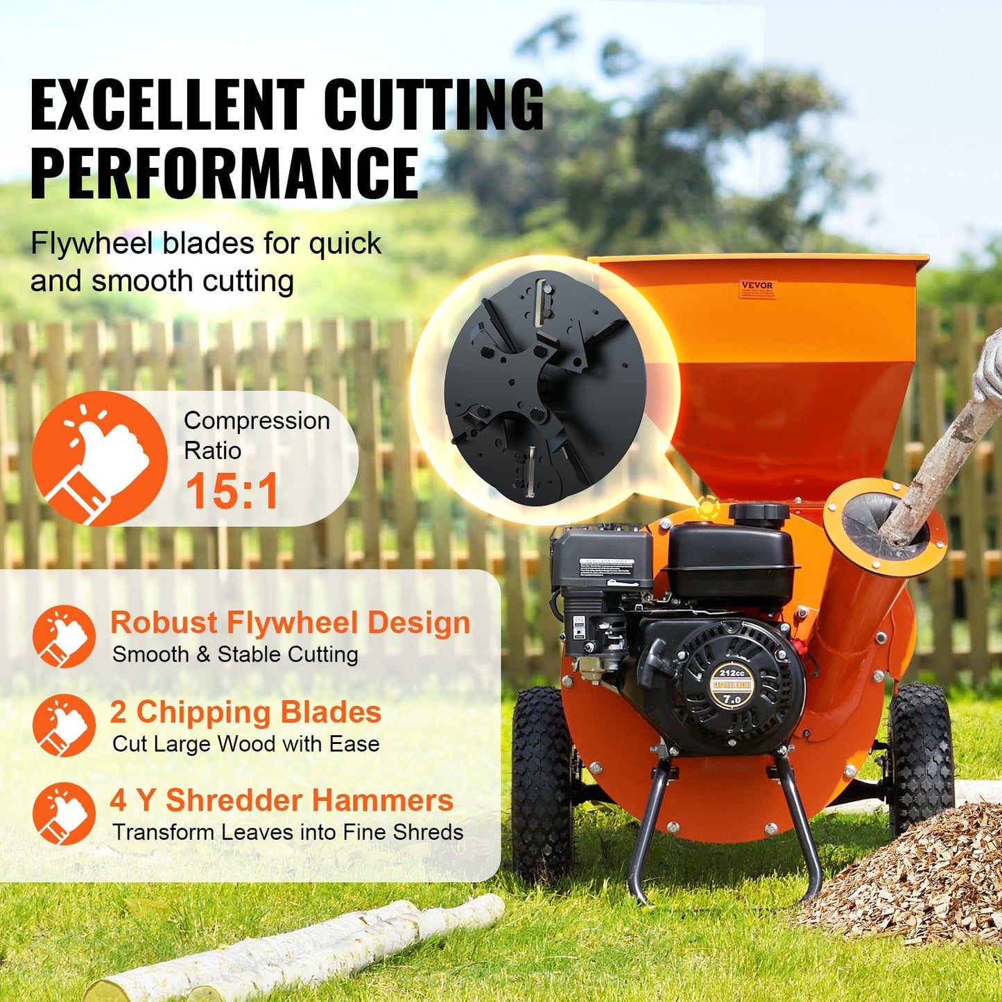 Wood Chipper Shredder Mulcher, 7HP Heavy Duty Gas Powered Engine, 3” Max Diameter 212cc 4.1 kW, 4-Stroke 3-in-1 Woodchipper, Fast Chipping Chopping for Forestry, Gardens, EPA Certified