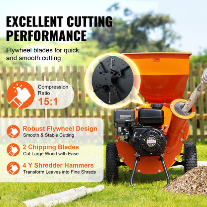 Wood Chipper Shredder Mulcher, 7HP Heavy Duty Gas Powered Engine, 3” Max Diameter 212cc 4.1 kW, 4-Stroke 3-in-1 Woodchipper, Fast Chipping Chopping for Forestry, Gardens, EPA Certified