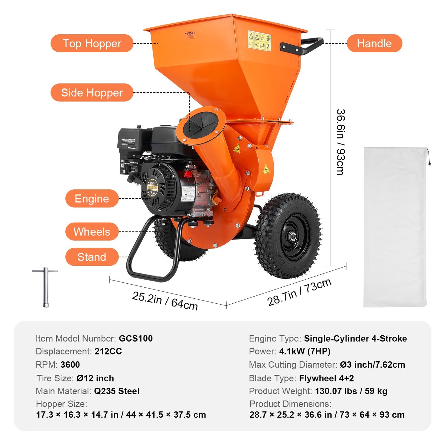 Wood Chipper Shredder Mulcher, 7HP Heavy Duty Gas Powered Engine, 3” Max Diameter 212cc 4.1 kW, 4-Stroke 3-in-1 Woodchipper, Fast Chipping Chopping for Forestry, Gardens, EPA Certified