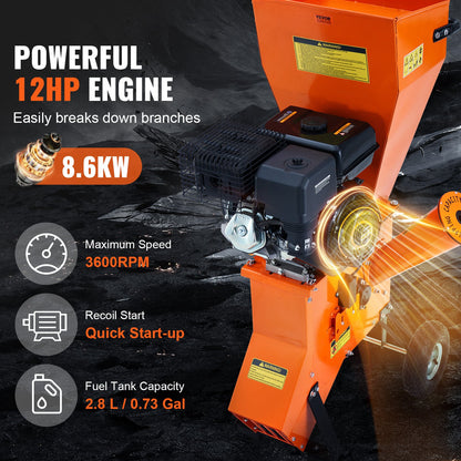 Wood Chipper Shredder Mulcher 12 HP HeavyDuty Gas Powered 6.7” 420cc 8.6kW