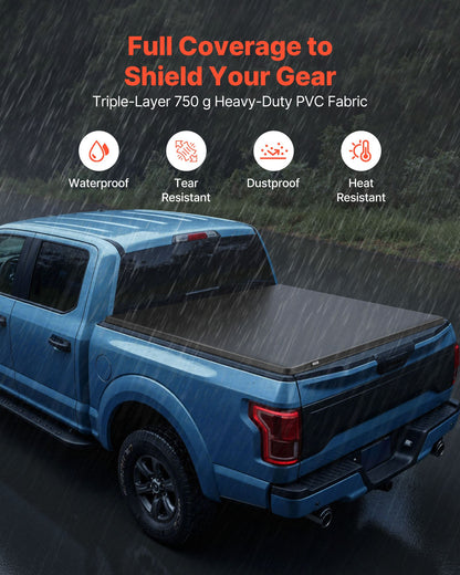Soft Roll-Up Truck Bed Tonneau Cover, Compatible with 2015-2025 Ford F-150, Fits 5.6 ft (5 ft 7 in/67 in) Bed, Triple-Layer Heavy-Duty PVC Tonneau Cover with Three Aluminum Alloy Support Bars